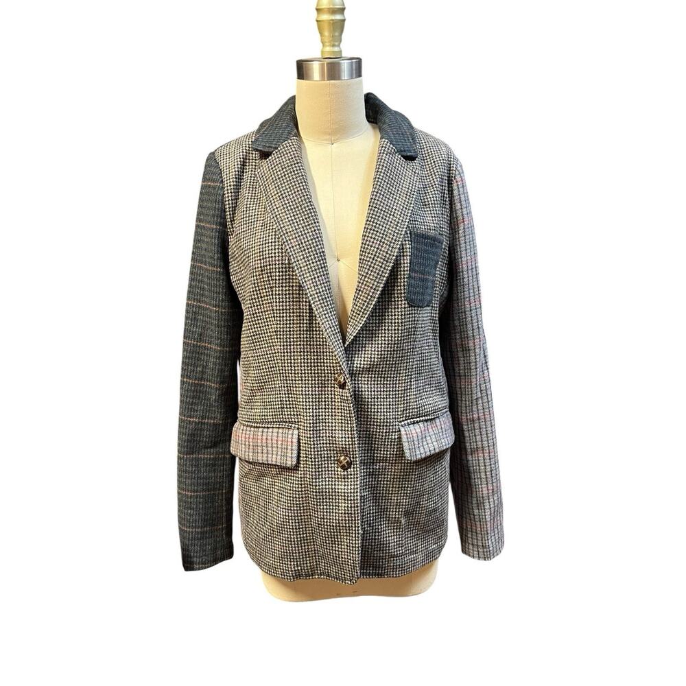 MO:VINT Anthropologie Patchwork wool plaid preppy button preppy Academia Sz L